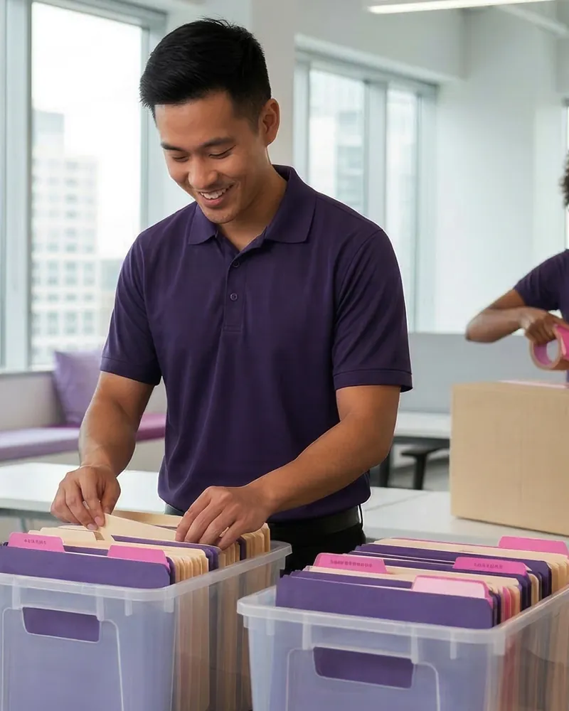 Briight team member in the brand's purple uniform organizing files