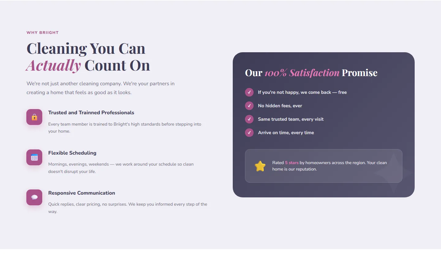 Briight Services website section: Cleaning You Can Actually Count On, with the satisfaction promise