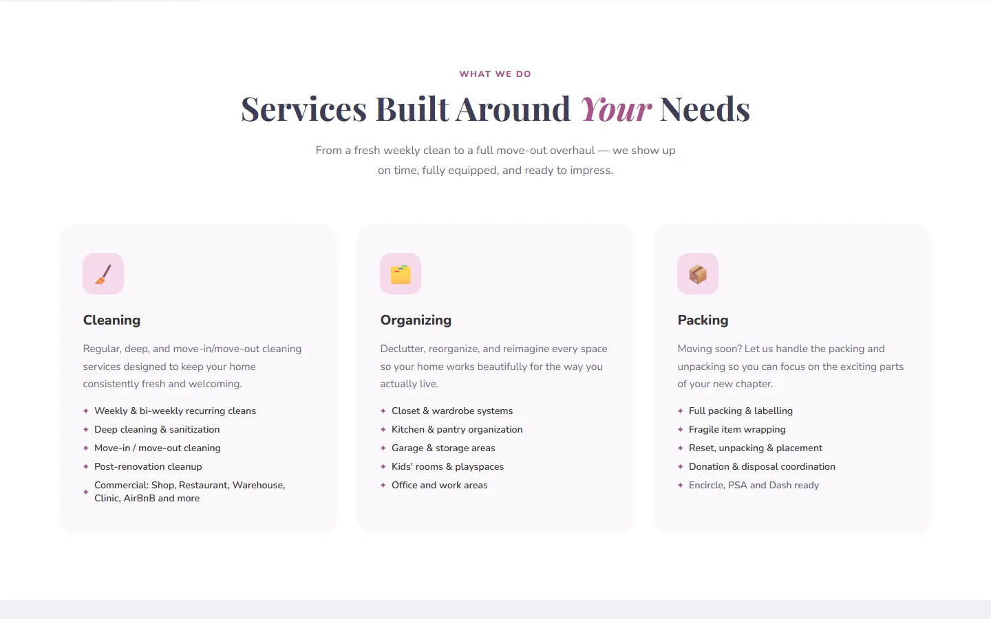 Briight Services website on desktop showing the Cleaning, Organizing and Packing service cards
