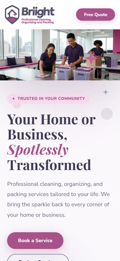 Briight Services website shown on a mobile screen: Your Home or Business, Spotlessly Transformed