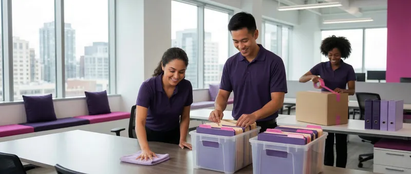 Briight Services team cleaning, organizing and packing in a bright office
