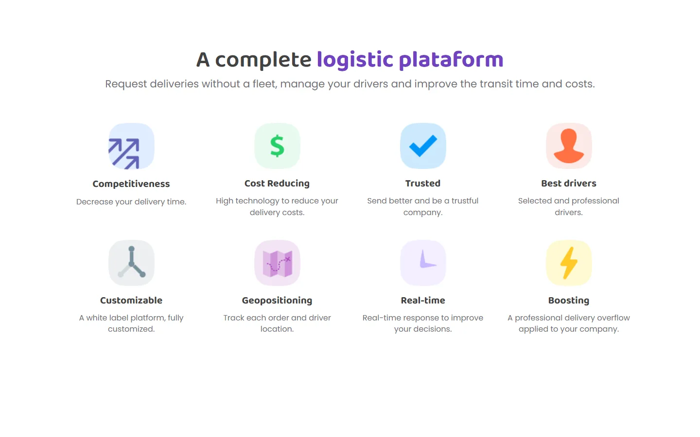 Bringfy website section presenting the logistics platform benefits: competitiveness, cost reducing, real-time tracking and more